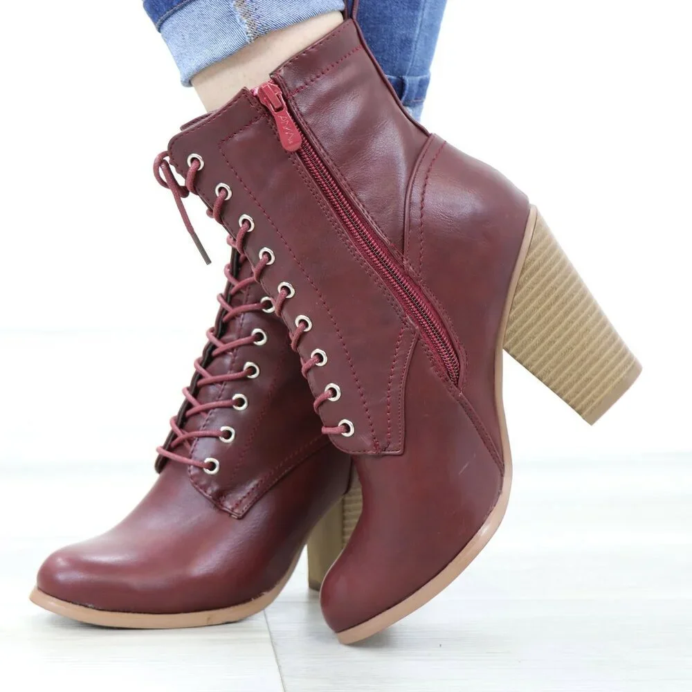 Lace-Up Block Cone High Heeled Ankle Boots Synthetic Leather - Picture 3 of 15